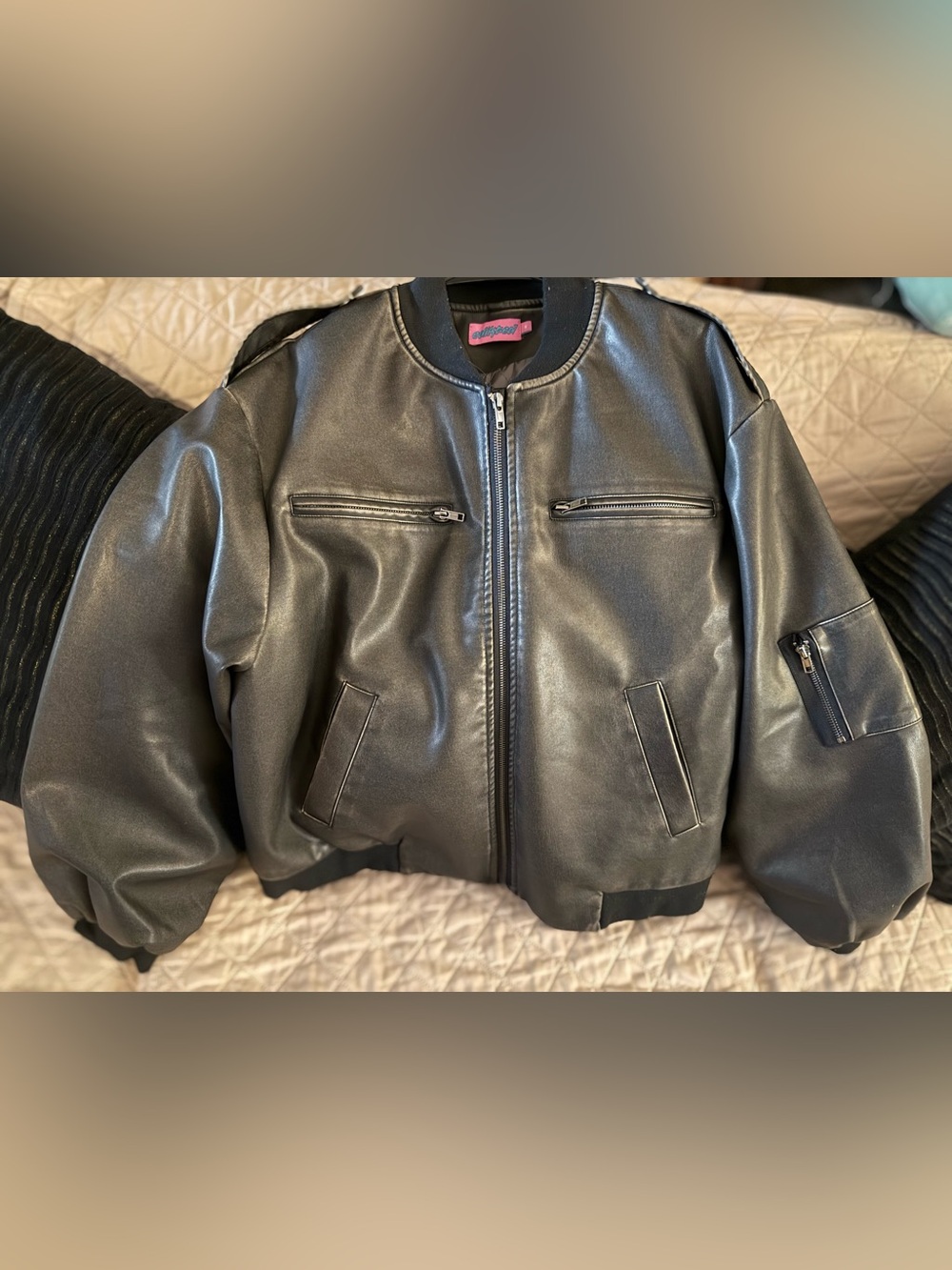 Edikted Black Faux-Leather Bomber Jacket